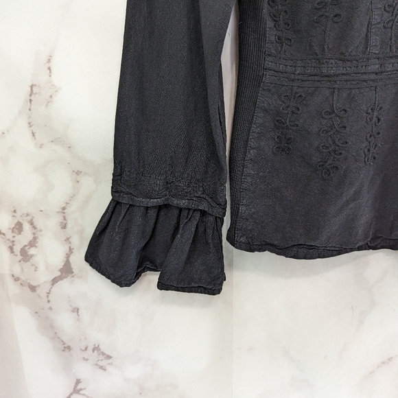 Scully Shirt Womens Large Black Button Up V Neck Ruffle Sleeve Embroidered - Picture 10 of 14
